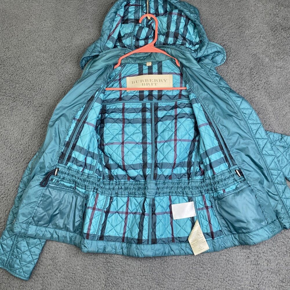 Burberry Brit Jacket Womens Small Teal Quilted Hooded Nylon Full Zip Plaid Lined - Picture 10 of 16